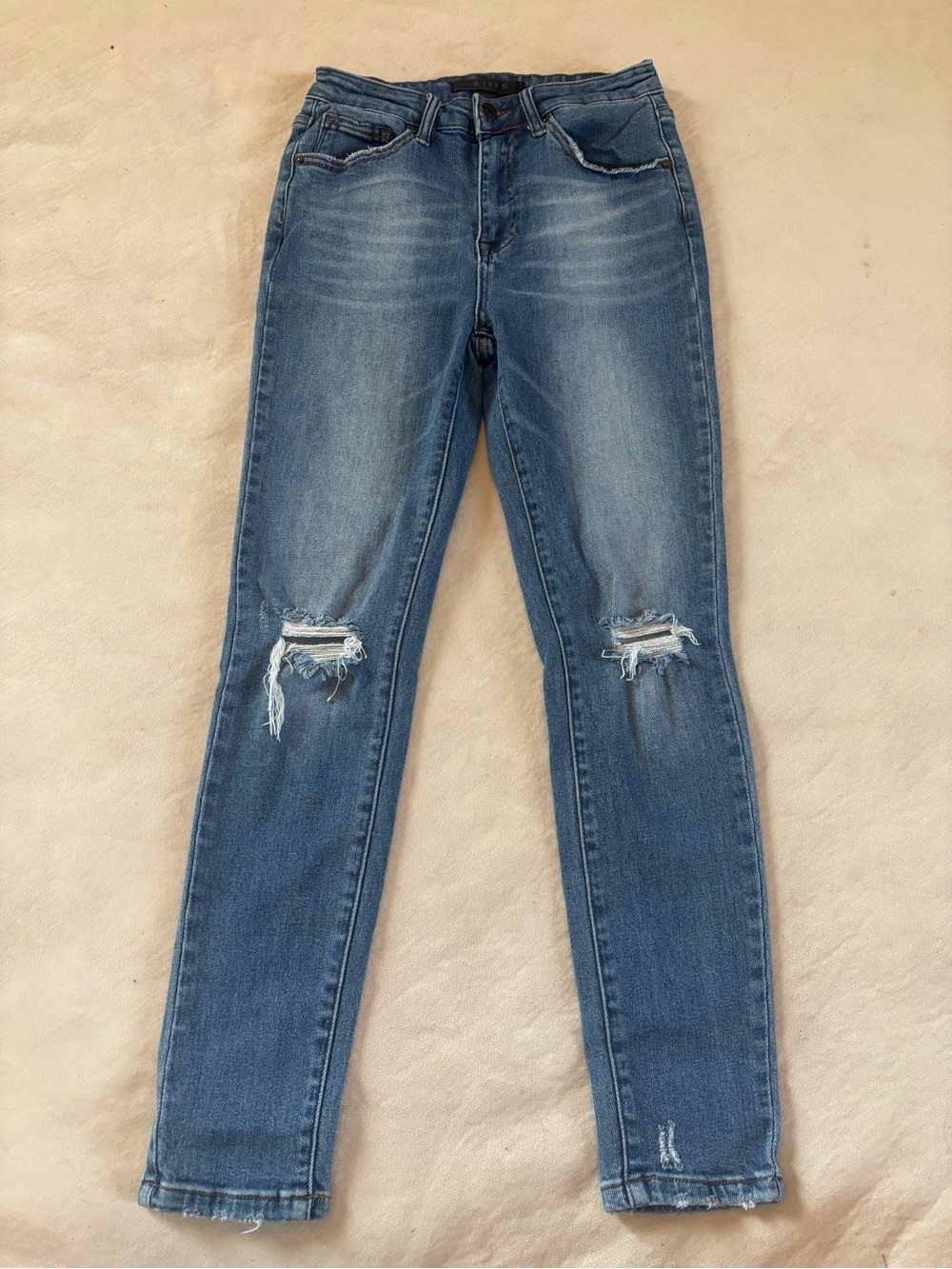 RISEN Distressed Skinny Jeans Size Juniors 7 28 High Rise Stretch Medium Wash